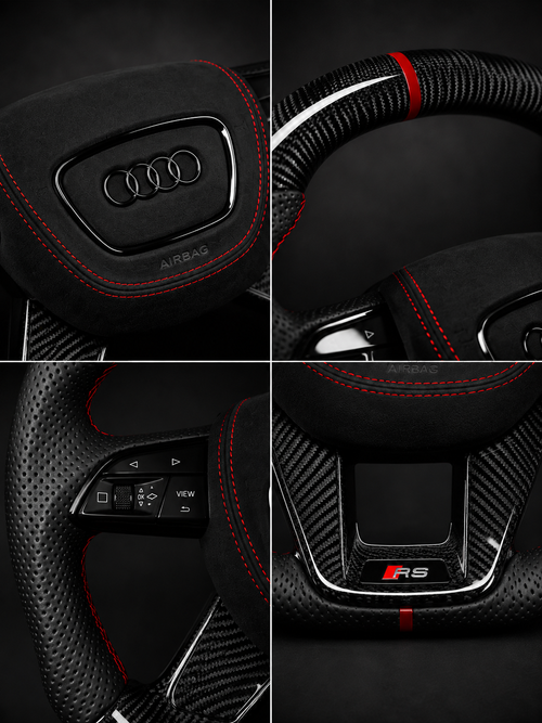 Audi Performance Steering Wheel – Gloss Carbon Fiber, Perforated Leather & Red Center Stripe