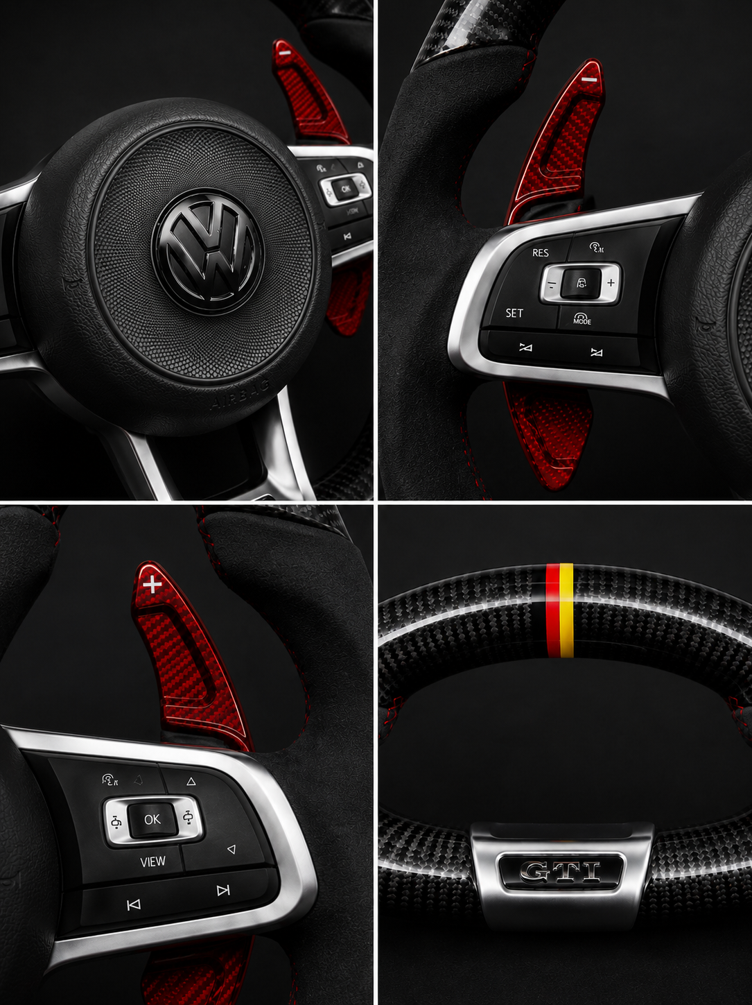 Volkswagen Performance Steering Wheel – Gloss Carbon Fiber, Alcantara & Red Forged Carbon Paddle Shifters