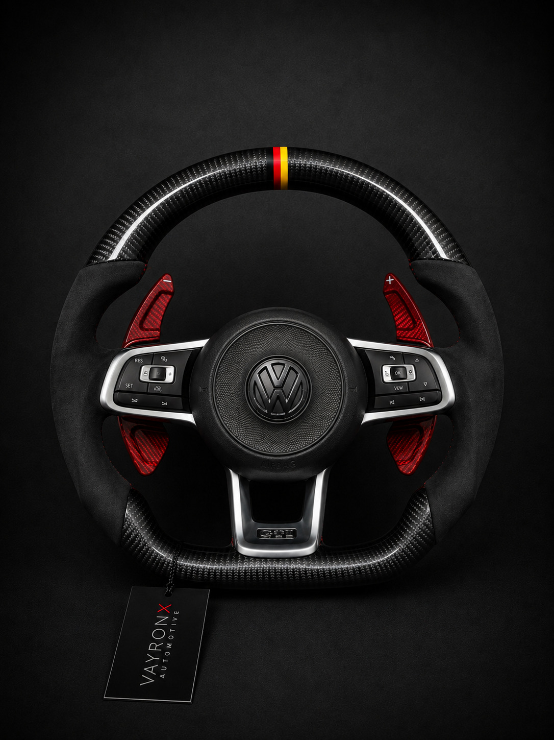 Volkswagen Performance Steering Wheel – Gloss Carbon Fiber, Alcantara & Red Forged Carbon Paddle Shifters