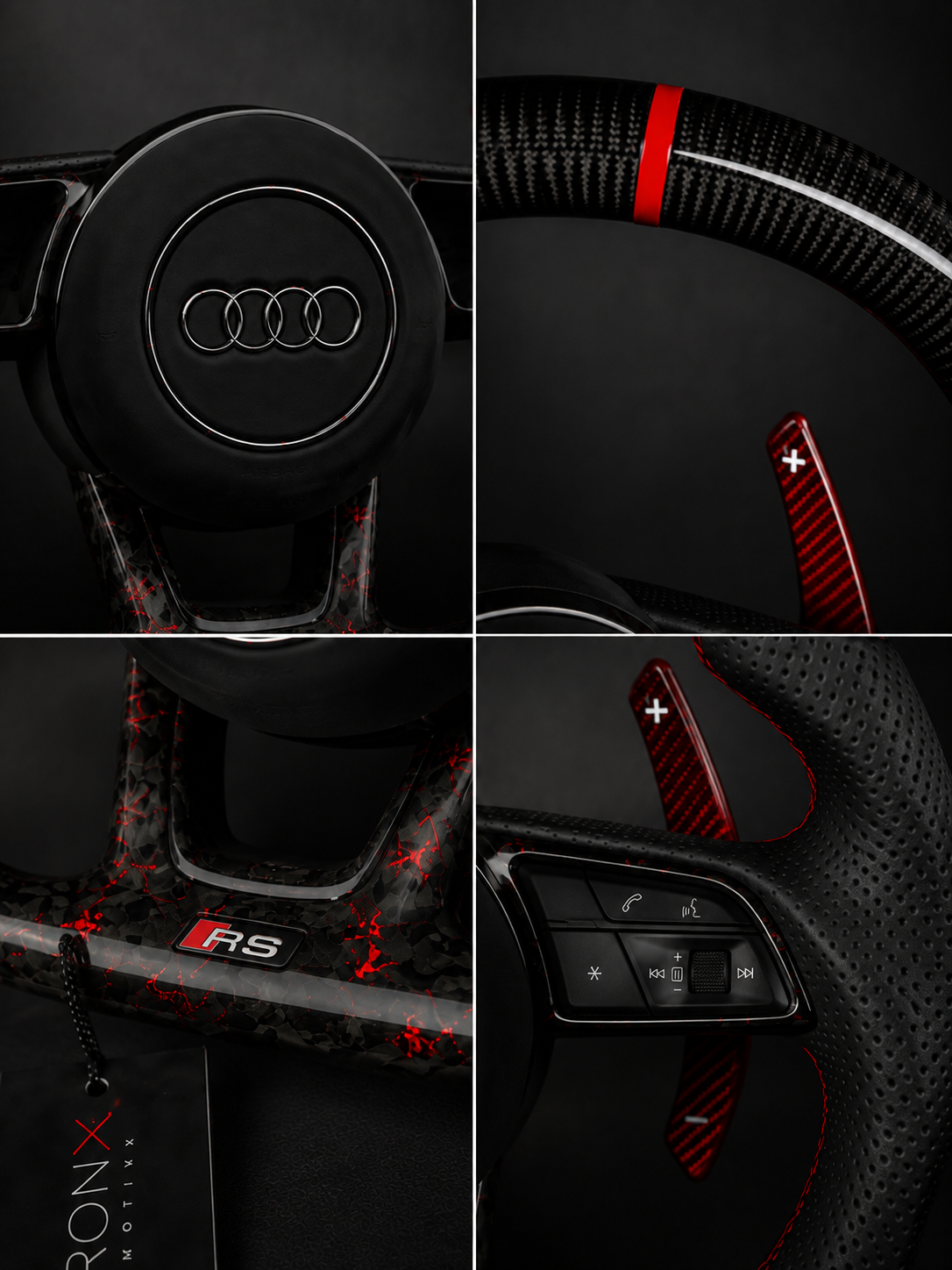 Audi RS Performance Steering Wheel – Gloss Forged Carbon Fiber, Perforated Leather & Red Carbon Paddle Shifters