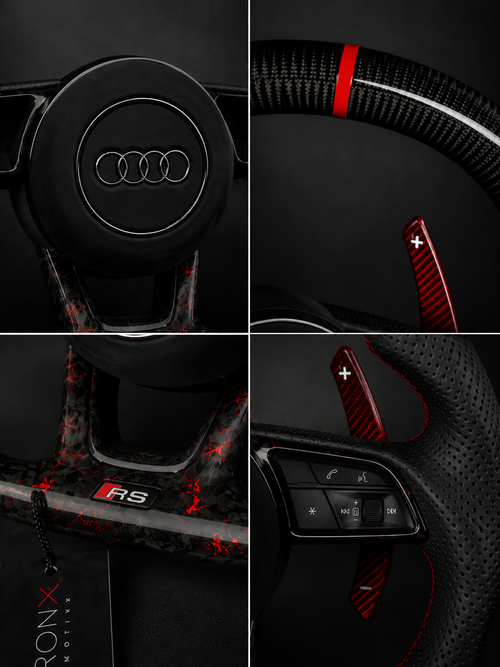 Audi RS Performance Steering Wheel – Gloss Forged Carbon Fiber, Perforated Leather & Red Carbon Paddle Shifters
