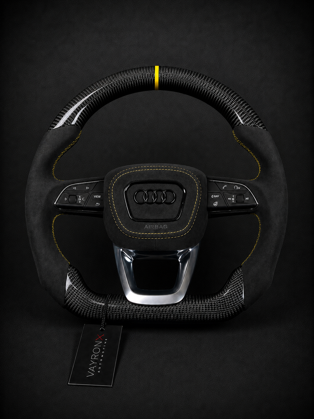Audi Performance Steering Wheel – Gloss Carbon Fiber, Black Alcantara & Yellow Center Stripe