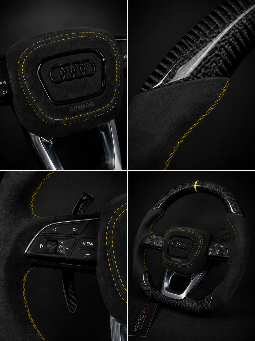 Audi Performance Steering Wheel – Gloss Carbon Fiber, Black Alcantara & Yellow Center Stripe