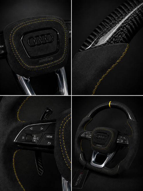 Audi Performance Steering Wheel – Gloss Carbon Fiber, Black Alcantara & Yellow Center Stripe