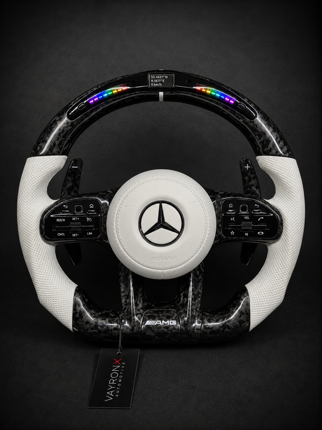 Mercedes-AMG Performance Steering Wheel – Gloss Forged Carbon Fiber, White Perforated Leather & LED Shift Indicator