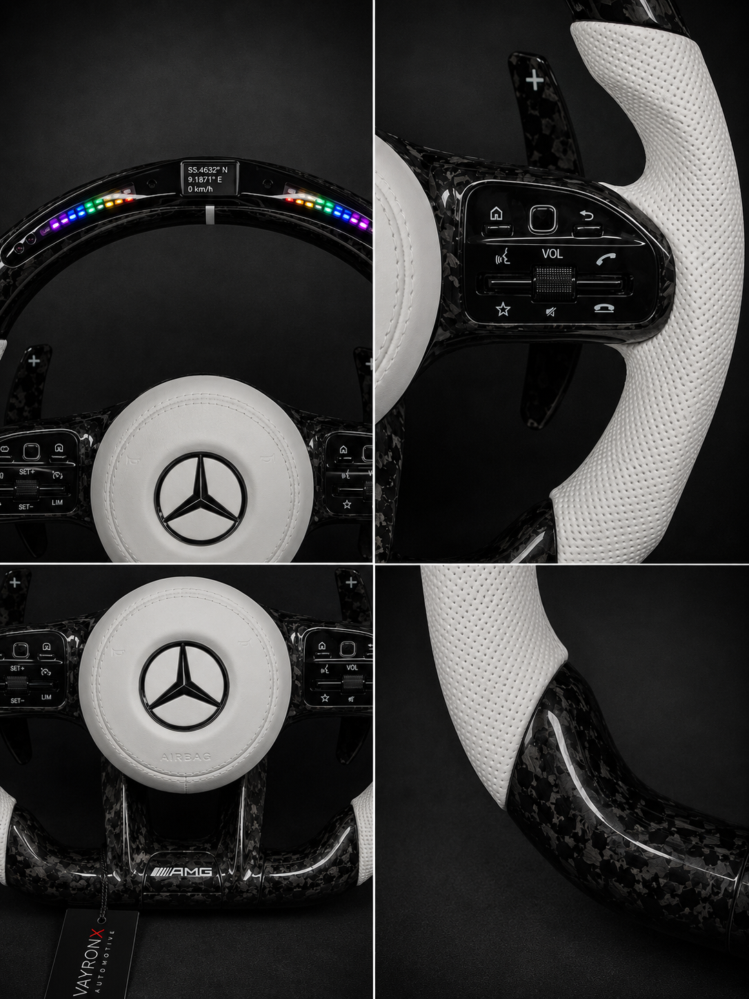 Mercedes-AMG Performance Steering Wheel – Gloss Forged Carbon Fiber, White Perforated Leather & LED Shift Indicator