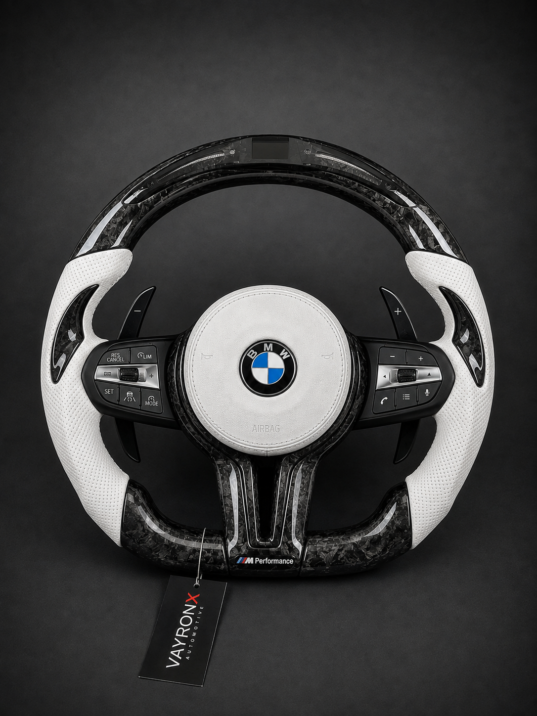 BMW M Performance Steering Wheel – Gloss Forged Carbon Fiber, White Perforated Leather & LED Shift Indicator