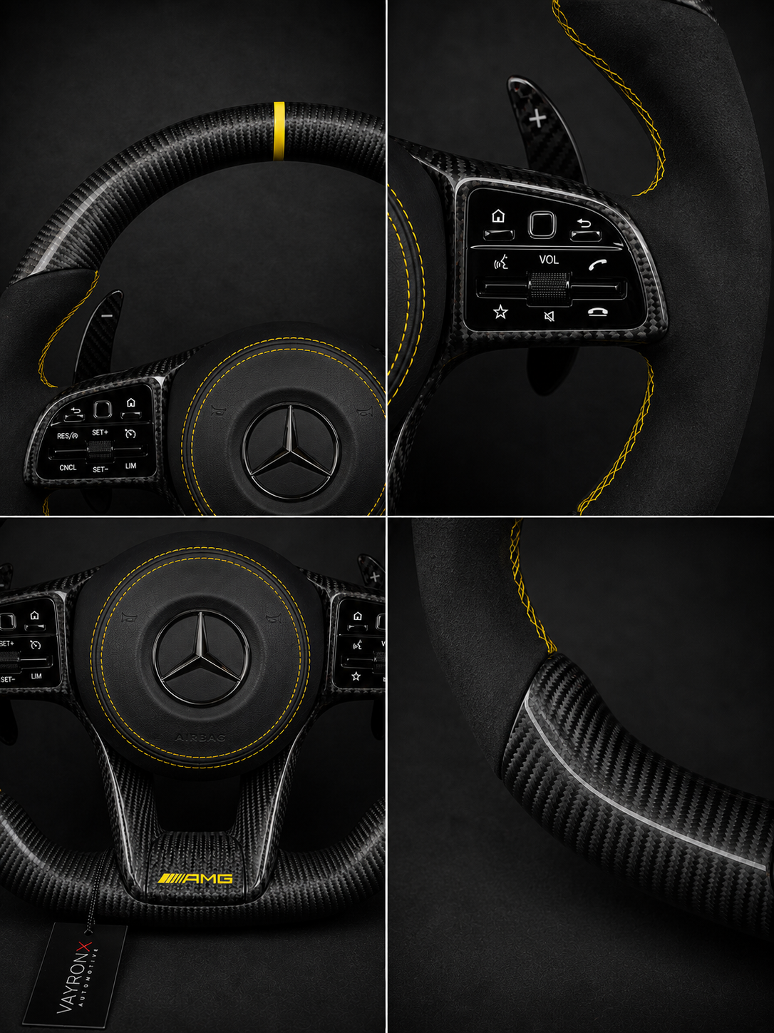 Mercedes-AMG Performance Steering Wheel – Matte Carbon Fiber, Black Leather & Yellow Center Stripe