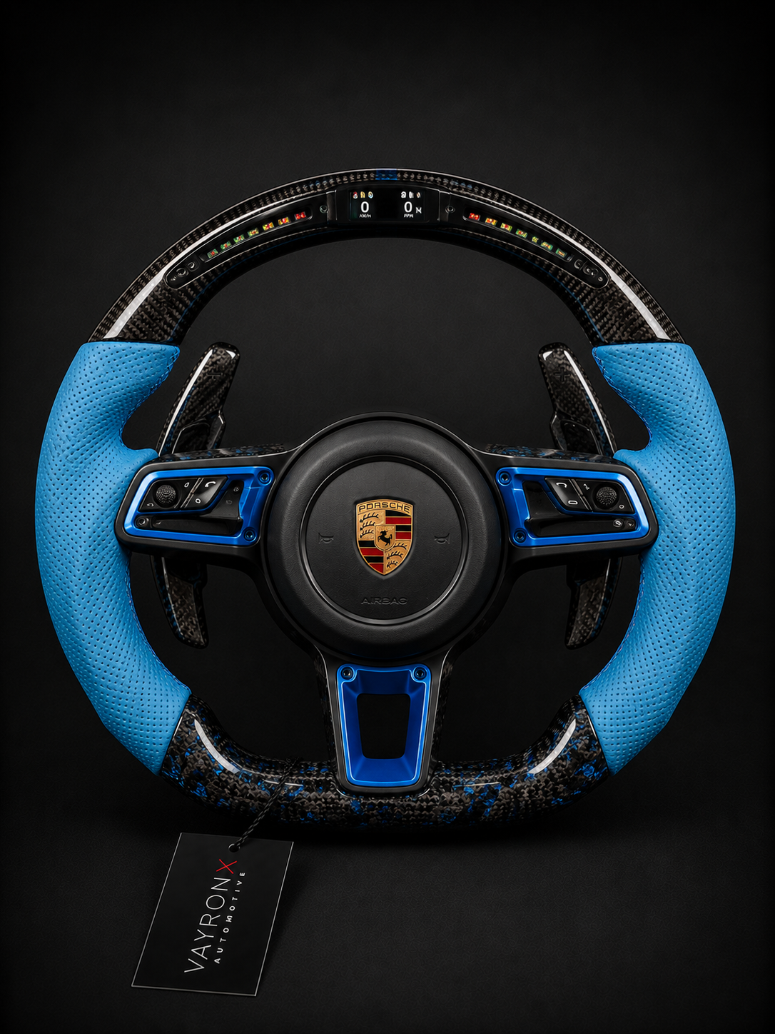 Porsche GT Performance Steering Wheel – Blue Forged Carbon Fiber, LED Display & Perforated Leather