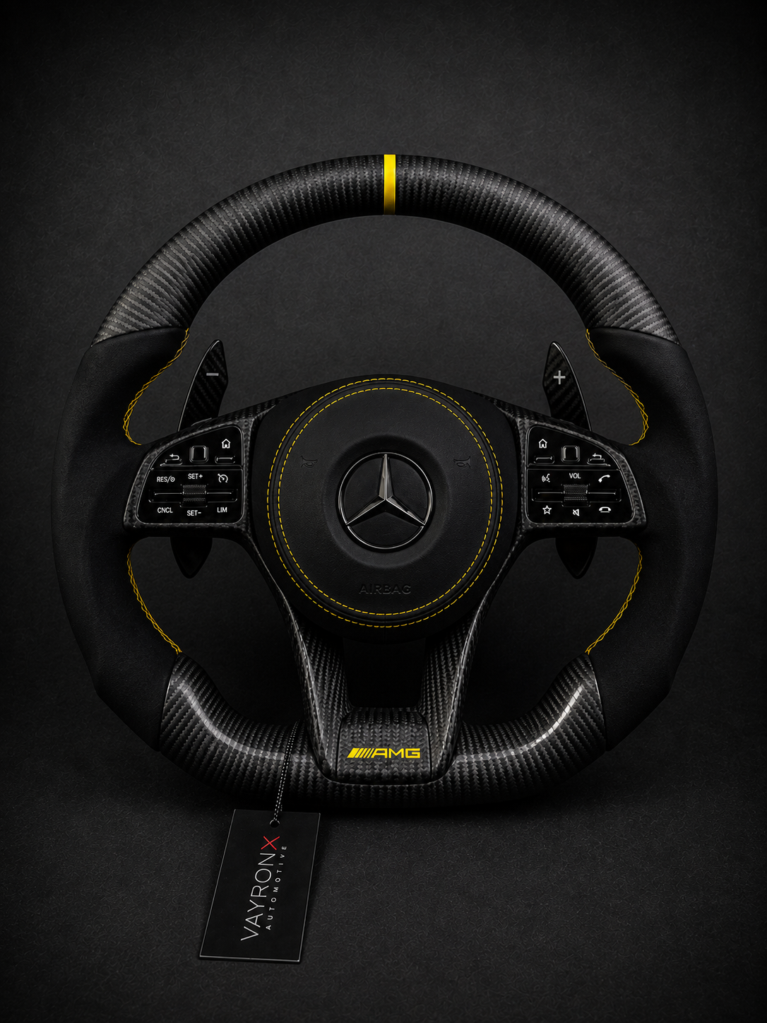 Mercedes-AMG Performance Steering Wheel – Matte Carbon Fiber, Black Leather & Yellow Center Stripe